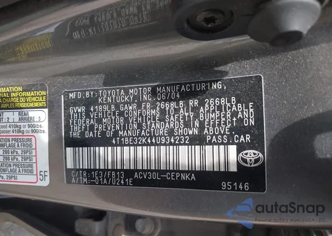 2004 Toyota Camry Le from USA, damaged, VIN 4T1BE32K44U934232